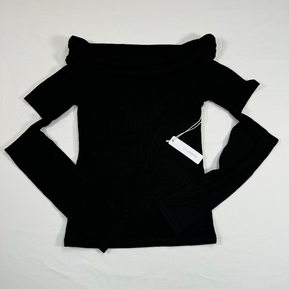 Six/Fifty  Cold Shoulder Long Sleeve Shirt Womens Sz S Black Stretchy Ribbed NWT